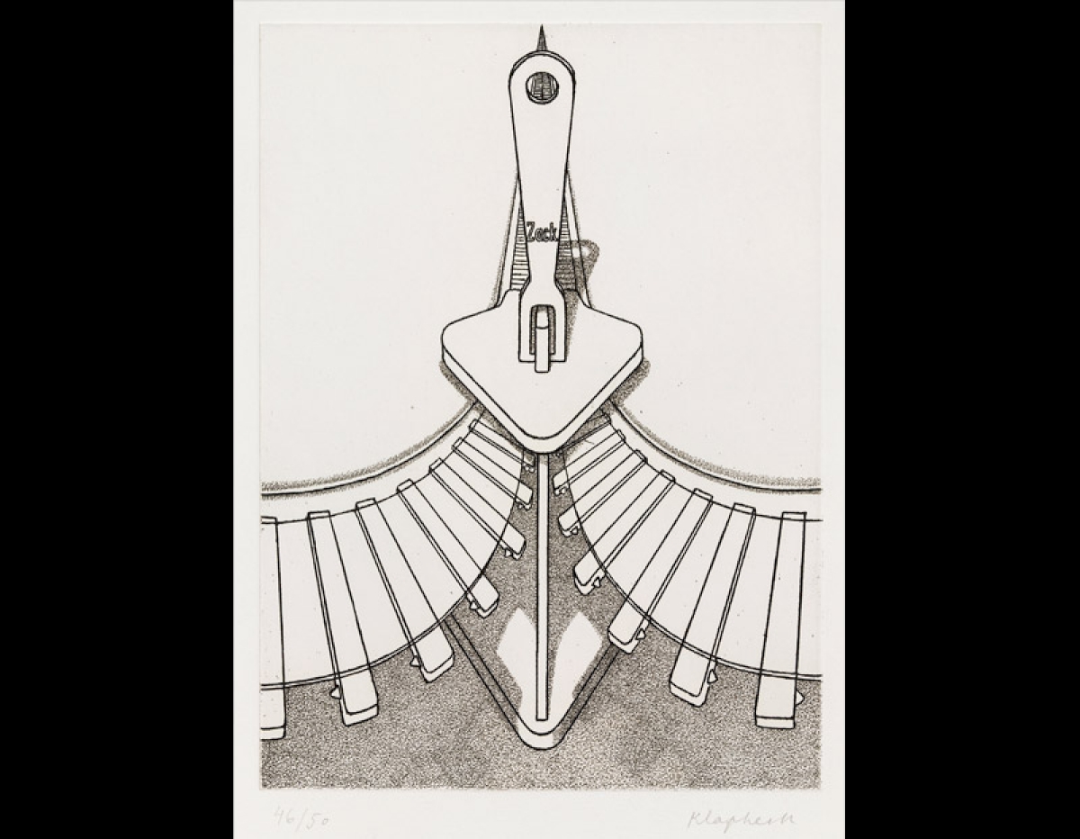 Konrad Klapheck, „Der Schürzenjäger“, früher: „Reißverschluß“, 1976, Radierung  © VG Bild-Kunst, Bonn 2015 / Kunstfoyer