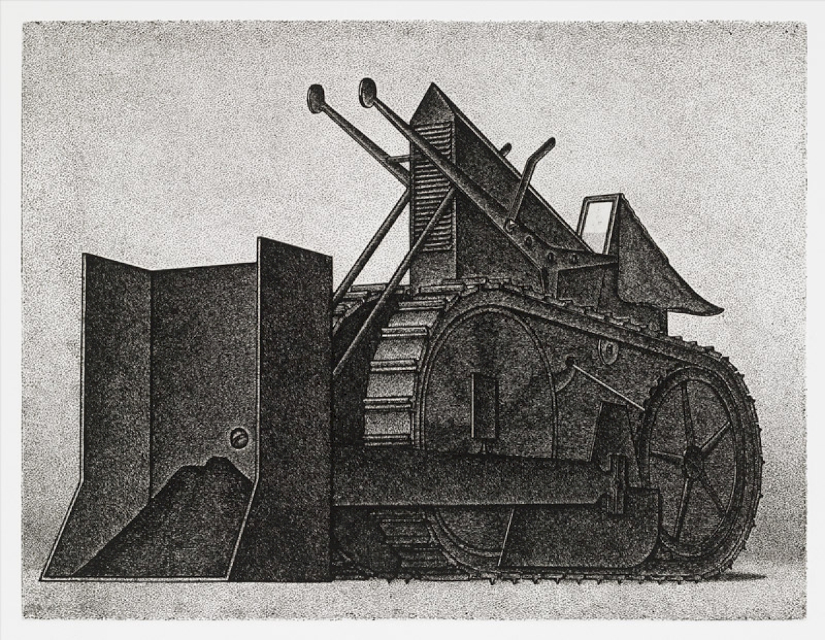 Konrad Klapheck, „Glanz und Elend der Reformen“, früher: „Planierraupe“, 1976/77, Radierung  © VG Bild-Kunst, Bonn 2015 / Kunstfoyer