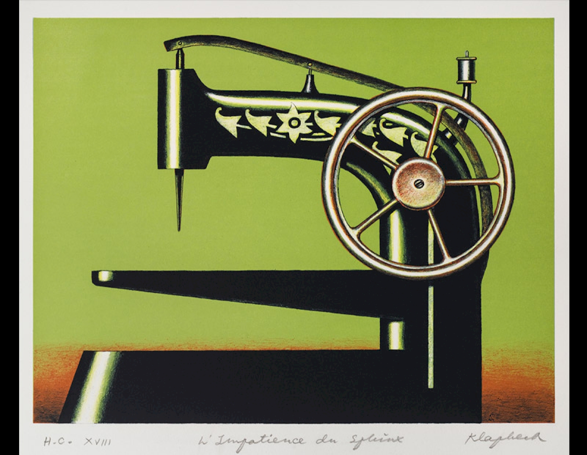 Konrad Klapheck, „Die Ungeduld der Sphinx“, 1998, Lithographie in drei Farben  © VG Bild-Kunst, Bonn 2015 / Kunstfoyer