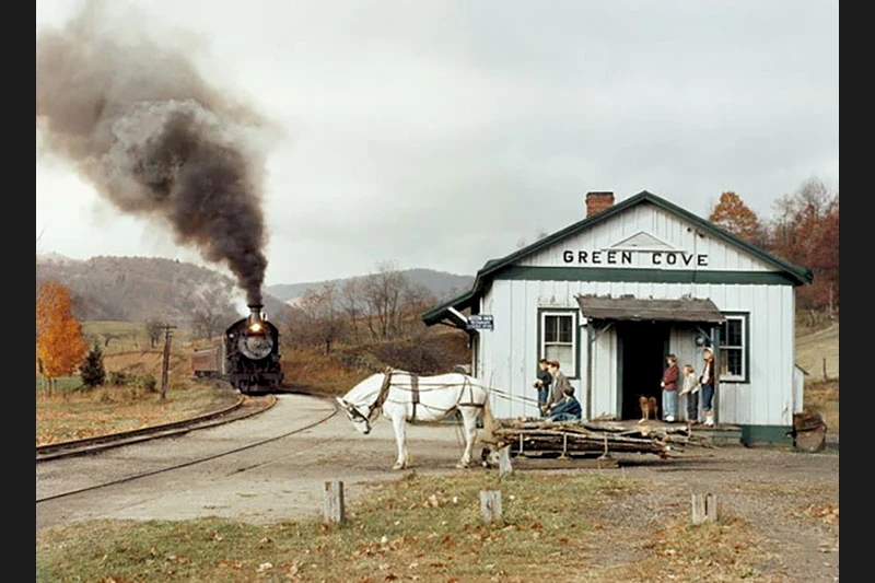 Old Maude bows to the Virginia Creeper, Green Cove, Virginia , October 27, 1956; O. Winston Link