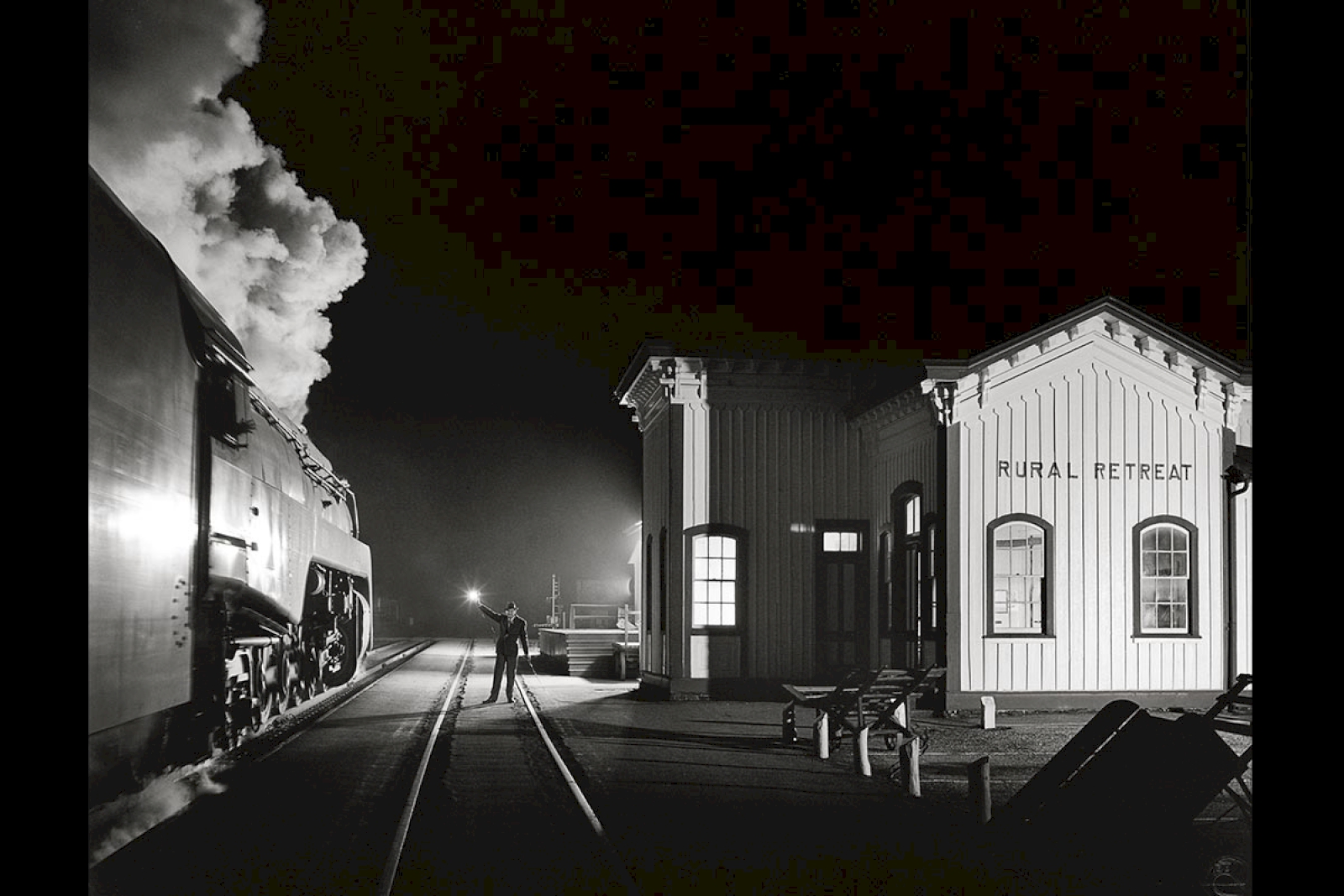 TRAIN NO. 17, THE BIRMINGHAM SPECIAL, MOVING WEST, GETS A HIGHBALL AT RURAL RETREAT, VIRGINIA; Rural Retreat, Virginia, 1957  © O. Winston Link / O. Winston Link Museum, Roanoke, Virginia